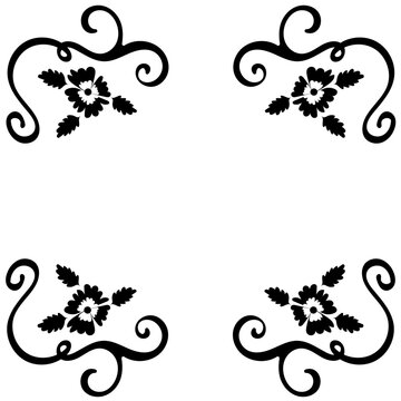 Hand drawn frame with black patterns and flowers on a white background