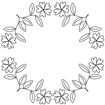 Hand drawn frame with leaves and flowers on white background