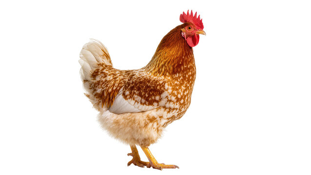 Isolated domestic brown and white speckled chicken standing proudly, farm animal studio shot