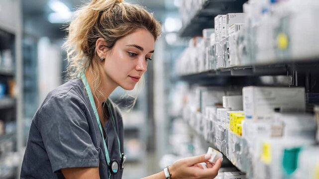 Young female nr nurse picking medicine in pharmacy. 4K Video