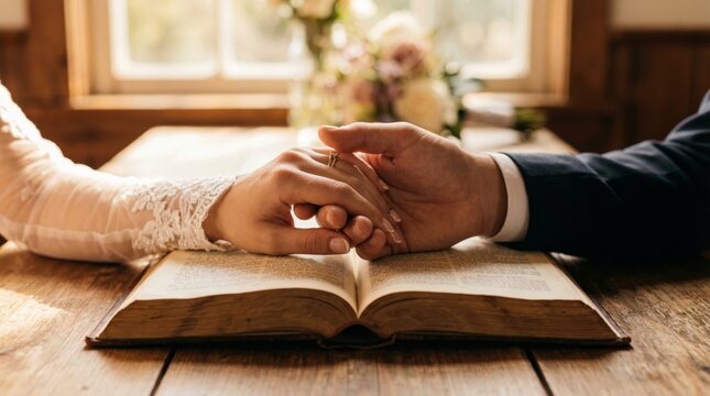 Woman and man holding hands on bible. Couple joining hands during wedding ceremony. Religious marriage bond, spiritual commitment and christian faith. Sacrament of holy matrimony.