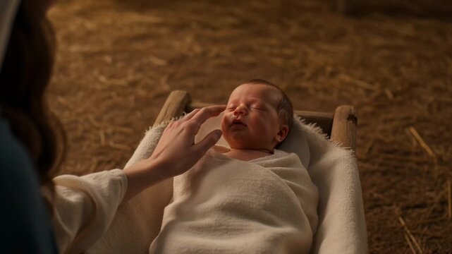 Newborn baby swaddled infant wooden manger tender touch soft light peaceful sleep young mother straw floor rustic setting warm blanket holy family nativity scene with hay candle prayer devotion faith