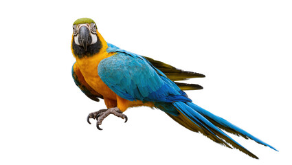 Isolated vibrant blue and yellow macaw parrot standing, tropical bird with colorful feathers © Maria