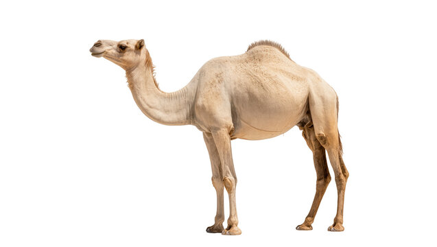 Isolated Dromedary camel standing in profile, a majestic desert animal, large, strong mammal.