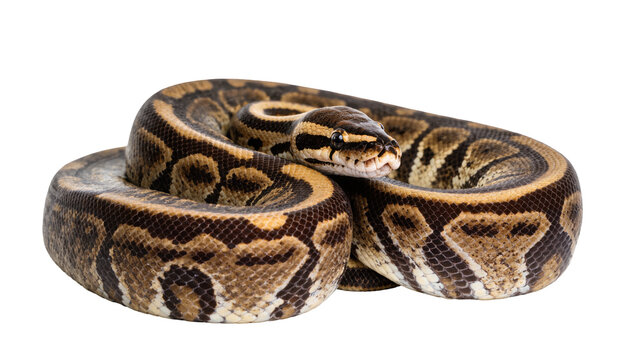 Isolated beautiful royal python snake with intricate pattern coiled on an imaginary surface