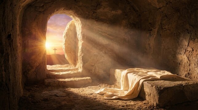 Open empty tomb of Jesus Christ with sunlight streaming through entrance. Burial cave with grave clothes. Concept of resurrection and salvation, Easter holiday, Christian religious faith.
