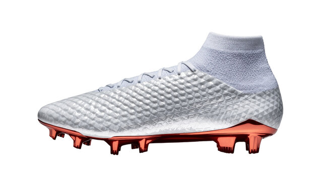 Isolated modern high-top soccer cleat with textured upper and metallic copper sole plate