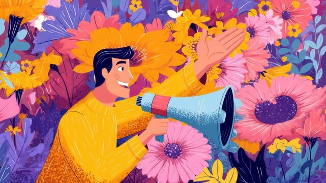 Cartoon illustration of cheerful man with megaphone making colorful announcement amid bright floral background, vibrant flower pattern and expressive communication speech in joyful botanical nature