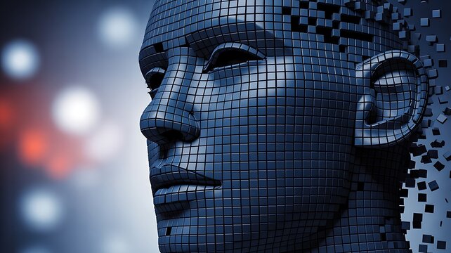 Digital human face made of pixels dissolving into data futuristic technology concept