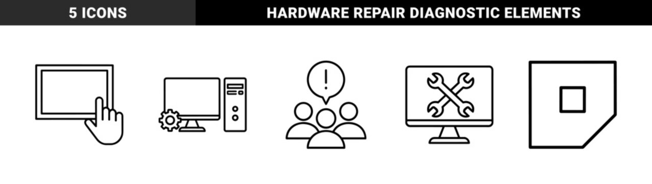 Technology and computer maintenance line icon set. Vector pictograms of touchscreen, desktop pc, user support, repair service, and microchip, thin outline illustration.
