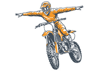 Obraz premium Extreme motocross stunt illustration. Dirt bike rider jumping mid-air. Hands-free freestyle trick art. Orange racing gear. Off-road motorsport.