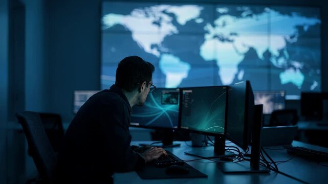 Night shift scene in a network operations center showing a specialist concentrating on a console with the extensive map wall softly out of focus bathed in cool blue ambient