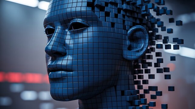Digital human face made of pixels dissolving into data futuristic technology concept