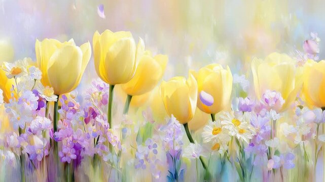 Soft focus flower yellow tulip spring meadow pastel color floral background romantic garden dreamy nature wildflower field blooming petal watercolor style gentle light blossom art dreamy background