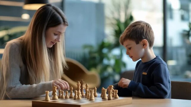 Babysitter and child are concentrating while playing chess on a wooden chessboard, developing strategy, logic, and critical thinking skills in a playful learning environment