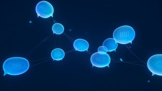 Glowing blue speech bubbles connected by thin lines float against a dark background.