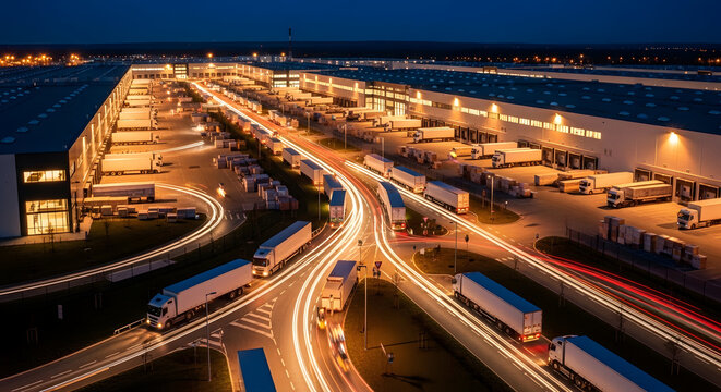 Aerial view of a bustling logistics hub and distribution center at night, with numerous semi-trucks, illuminated roads, and light trails, depicting global transportation and supply chain activity.