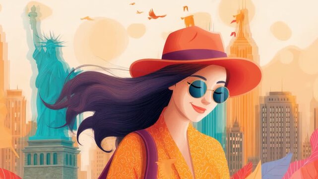 Woman traveler with sunglasses and hat enjoying summer vacation tourism city skyline with statue and skyscraper bird flying above joyful urban summer travel scene colorful leaves happy woman tourist