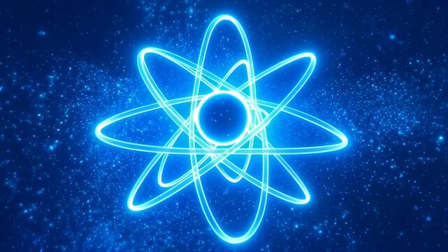 Glowing abstract atom model with orbiting electrons in blue space background, representing science, technology, physics, and futuristic concepts.