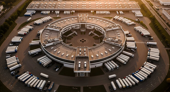 Aerial view of a unique circular logistics and distribution center at sunset, surrounded by numerous parked semi-trucks, illustrating efficient hub operations and transportation.