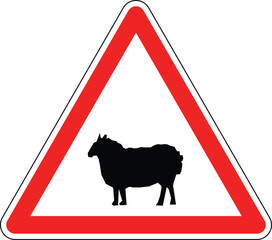 Domestic Farm Animal Crossing Warning Road Sign, European Red Triangle Traffic Symbol for Sheep and Livestock, Editable Vector