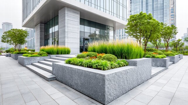 Modern office building entrance with landscaping