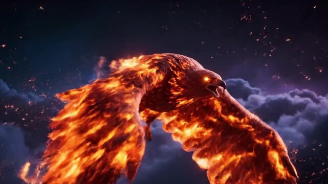 A blazing eagle spreads its fiery wings in a night sky filled with clouds.