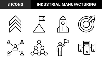 Fototapeta premium Industrial factory and manufacturing icon set. Vector glyph pictograms of plant, warehouse, gears, crane, forklift, and oil rig, black silhouette illustration.