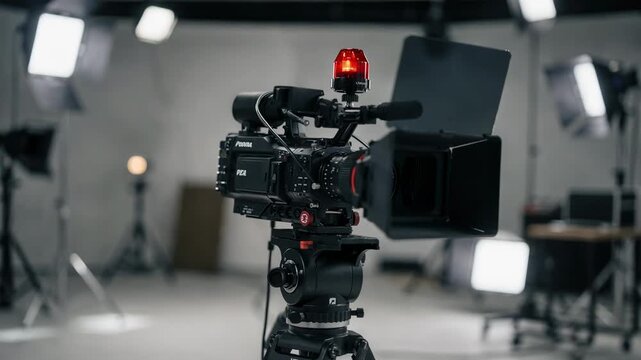 Professional broadcast camera on tripod with teleprompter and tally light sharply focused against blurred studio backdrop highlighting highend production setup.