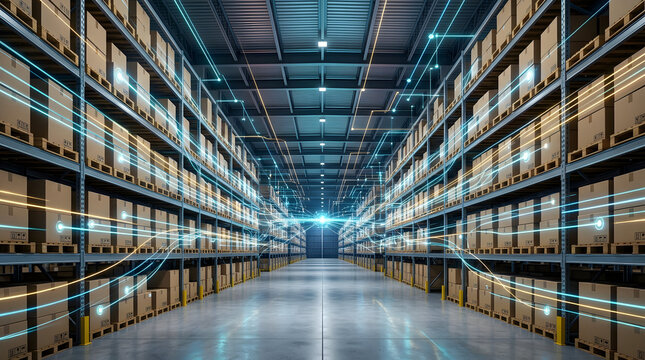 Futuristic smart warehouse with glowing data connections visualizing advanced logistics and automated inventory systems.
