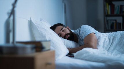 Bearded man sleeping peacefully in bed at night with bedside table Bearded man sleeping peacefully in bed at night, lying on his side under white bedding, calm blue bedroom lightin