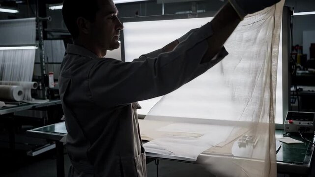 Medium shot inside a darkroom environment where sheer hosiery is examined against strong backlighting to identify subtle defects during quality control inspection processes.