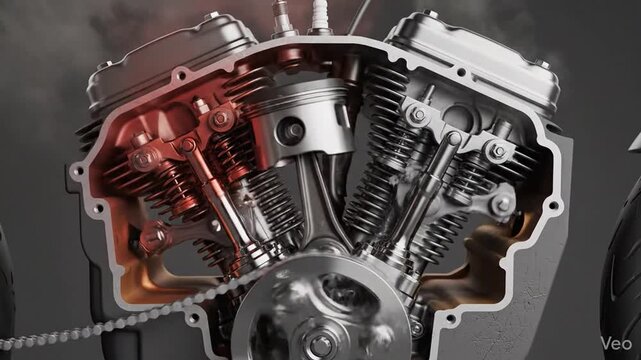 Detailed cross-section of a V-twin motorcycle engine showing internal components and heat transfer.