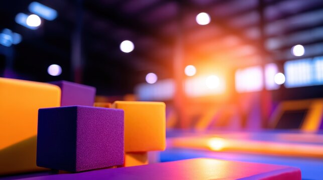 Colorful foam blocks in a vibrant indoor trampoline park under soft lighting