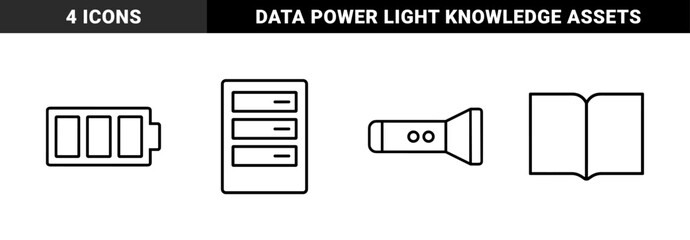 Obraz premium Miscellaneous outline icon set. Vector pictograms of computer server, battery, flashlight, and open book, thin line illustration.