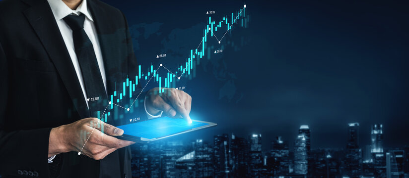 Stock market analysis with candlestick chart and price movement trend line, highlighting global financial trends, stock trading, and investment strategy insights Vouch