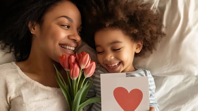 Happy mother's day celebration features a smiling mother and her cheerful daughter lying on a bed, holding red tulips and a heart shaped card, expressing love and joy