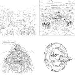 Obraz premium Sci-fi fantasy worlds: mountain cities, space gate, terraced settlements coloring pages