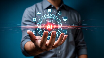 Fototapeta premium Businessman holding glowing artificial intelligence interface with digital technology hologram in modern office