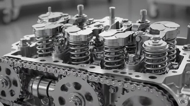 Close-up view of a complex internal combustion engine cylinder head with visible valves, springs, and timing chain.