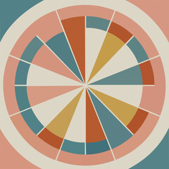 Obraz premium Abstract geometric circular pattern with radial segments in pastel colors. Modern retro-inspired design featuring symmetrical shapes, soft tones, and clean lines