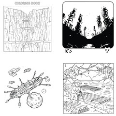 Obraz premium Diverse world coloring pages: canyon, dark forest, spaceship, and asian village scene line art