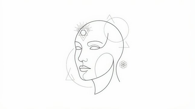 Abstract Linear Face Drawing Featuring Third Eye Pyramid Symbol