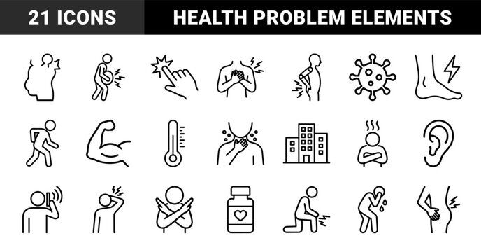 Medical symptoms and health issues icon set. Vector pictograms of back pain, fever, sore throat, headache, and virus, black outline illustration.