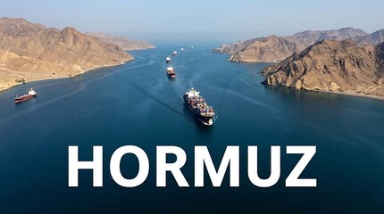 View of container ships and other vessels navigating the hormuz strait between arid mountain ranges on a clear blue sky day