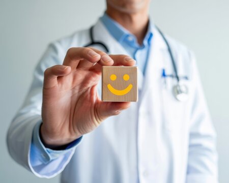 Doctor holding wooden block with yellow smiley face stethoscope white coat