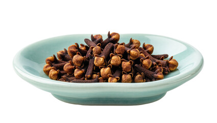 Obraz premium Isolated a small ceramic bowl filled with aromatic whole dried cloves spice for cooking.