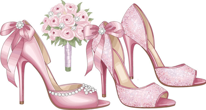 Elegant pink bridal high heel shoes with lace details silk bows and pearls alongside a romantic rose flower bouquet wedding vector illustration for invitation design celebration and fashion.