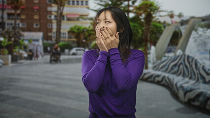 Fototapeta premium Woman covers mouth with hand on street near fountain and sculptural bench, wearing purple turtleneck showing rings and nails; surprise hesitation.
