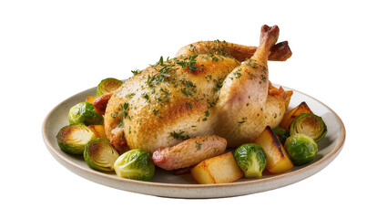 Isolated delectable golden brown roasted whole chicken dinner, garnished with herbs, Brussels sprouts, and potato wedges.